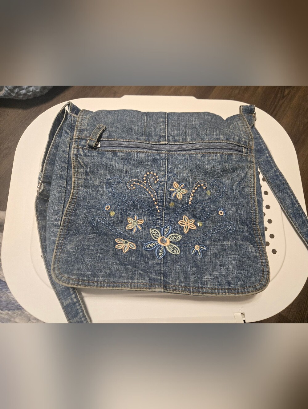 Denim Crossbody Bag with Floral Embroidery